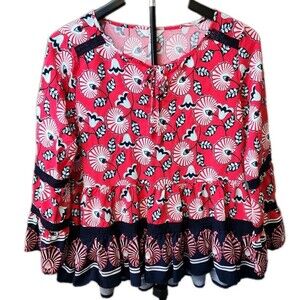 Crown & Ivy Womens S Red Floral Blouse Bell Sleeves Peplum Lace